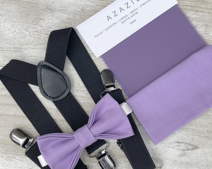 Tahiti Purple Bow Tie & Black Suspenders , Groom Braces , Men's pocket square , Boy's Ring Bearer gift , Groomsmen Wedding outfit