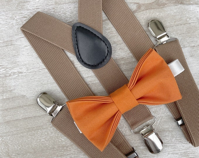 Burnt Orange Bow Tie & Taupe Brown Suspenders , Men's Bow Tie , Boy's Ring Bearer gift , Groomsmen Gift , Wedding Groom outfit