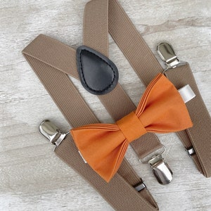 Burnt Orange Bow Tie & Taupe Brown Suspenders , Men&#39;s Bow Tie , Boy&#39;s Ring Bearer gift , Groomsmen Gift , Wedding Groom outfit