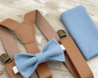 Steel Blue Bow Tie & Suspenders , Light Brown Leather braces , Men's pocket square , Boy's Ring Bearer gift , Groomsmen Wedding outfit
