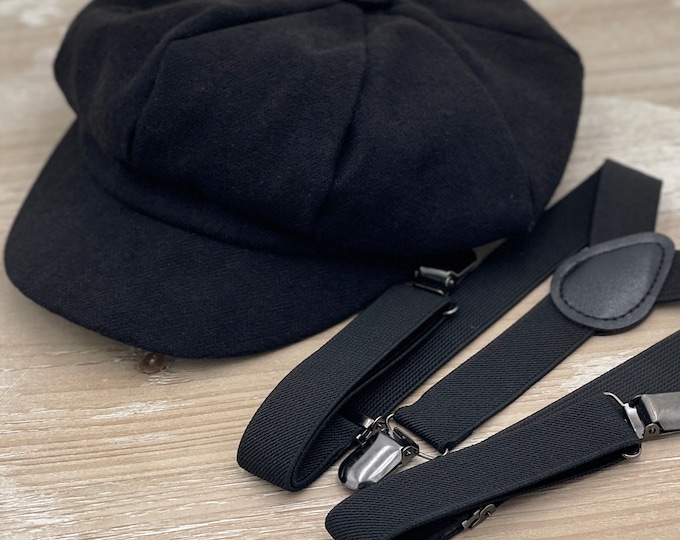 Newsboy Cap, Black Suspenders, Ring Bearer Outfit, Cake Smash Outfit, Page Boy Cap, Wedding Set, Applejack Hat
