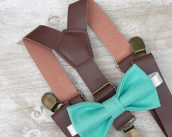 Dark Mint Bow Tie & Leather Suspenders , Men's Brown Braces , Boy's Ring Bearer gift , Groomsmen Wedding outfit