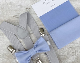 Periwinkle Bow Tie & Light Gray Suspenders , Men's pocket square , Boy's Ring Bearer gift , Groomsmen Wedding outfit , Cake Smash set