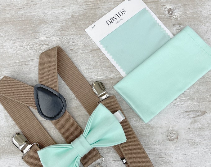 Mint Bow Tie & Taupe Brown Suspenders , Men's pocket square , Boy's Ring Bearer gift , Groomsmen Wedding outfit