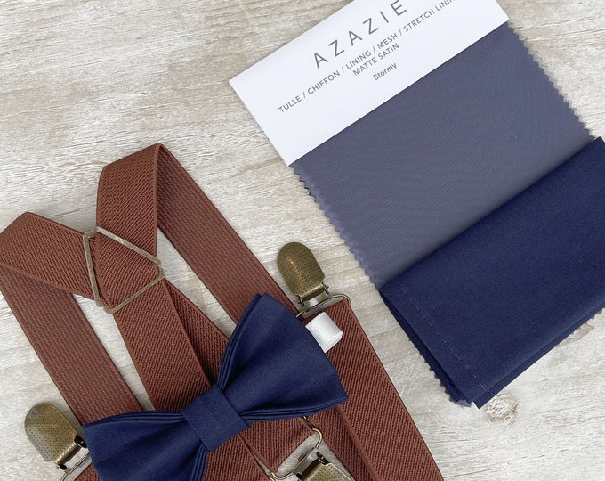 Stormy Blue Bow Tie & Brown Suspenders ,  x - back braces , Men's pocket square , Boy's Ring Bearer gift , Groomsmen Wedding outfit
