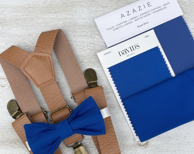 Royal Blue Bow Tie & Leather Suspenders , Light Brown Braces , Men's pocket square , Boy's Ring Bearer gift , Groomsmen Wedding outfit