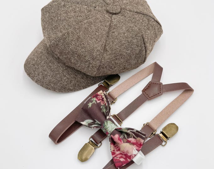 Newsboy Cap Outfit, Baby to Adult - Ring Bearer & Groomsman Wedding Set, Floral Bow Tie and Skinny Leather Suspenders, Gatsby Flat Cap
