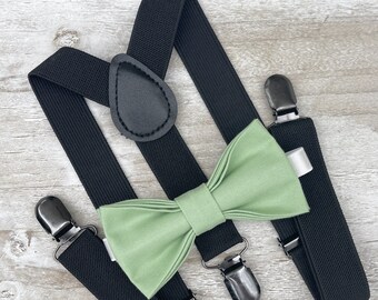 Sage Green Bow Tie & Black Suspenders , Men's pocket square , Boy's Ring Bearer gift , Groomsmen Wedding outfit
