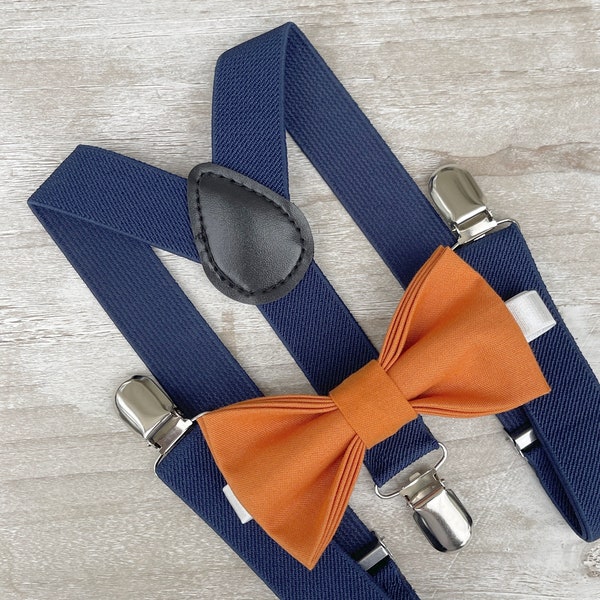 Burnt Orange Bow Tie & Navy Blue Suspenders , Men's wedding outfit , Boy's Ring Bearer gift , Groomsmen Gift , cake smash outfit