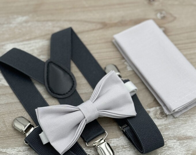 Pale Gray Bow tie & Suspenders | Charcoal Braces | Pocket Square | Ring Bearer Outfit | Boho Rustic Wedding | Groomsman Gift
