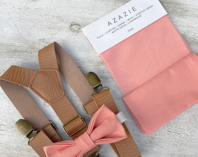 Coral Salmon Bow Tie & Leather Suspenders , Light Brown braces , Men's pocket square  , Boy's Ring Bearer gift , Groomsmen Wedding outfit