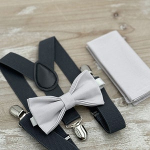 Pale Gray Bow tie & Suspenders | Charcoal Braces | Pocket Square | Ring Bearer Outfit | Boho Rustic Wedding | Groomsman Gift