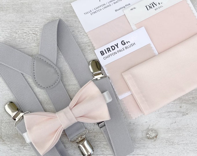 Blushing Pink Bow Tie & Light Gray Suspenders , Men's pocket square , Boy's Ring Bearer gift , Groomsmen Gift , Wedding Groom outfit