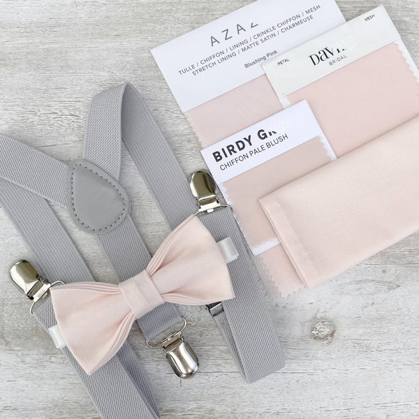Blushing Pink Bow Tie & Light Grey Suspenders , Carré de poche pour homme , Cadeau de porteur de l'anneau pour garçon , Cadeau de garçons d'honneur , Tenue de marié de mariage