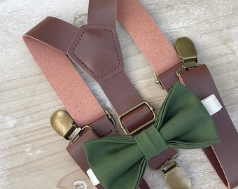 Forest Green Bow Tie & Leather Suspenders , Men's Dark green bow tie , Boy's Ring Bearer gift , Groomsmen Gift , Wedding Groom outfit