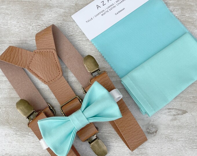 Aqua Blue Bow Tie & Light Brown Leather Suspenders , Men's pocket square , Boy's Ring Bearer gift , Groomsmen Gift , Wedding Groom outfit
