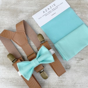 Aqua Blue Bow Tie & Light Brown Leather Suspenders , Men&#39;s pocket square , Boy&#39;s Ring Bearer gift , Groomsmen Gift , Wedding Groom outfit