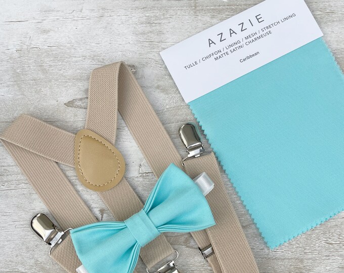Caribbean Blue Bow Tie & Champagne Tan Suspenders , Khaki braces , Men's pocket square , Boy's Ring Bearer gift , Groomsmen Wedding outfit