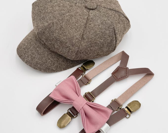 Newsboy Cap Outfit, Baby to Adult - Ring Bearer & Groomsman Wedding Set, Dusty Rose Bow Tie and Skinny Leather Suspenders, Gatsby Flat Cap