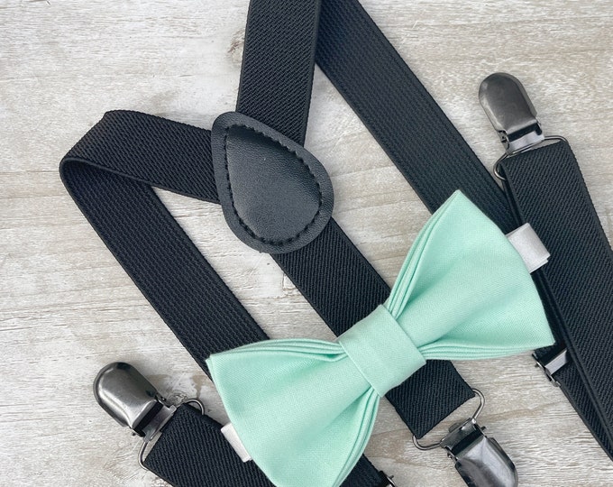 Mint Green Bow Tie & Black Suspenders , Groom Braces , Men's pocket square , Boy's Ring Bearer gift , Groomsmen Wedding outfit