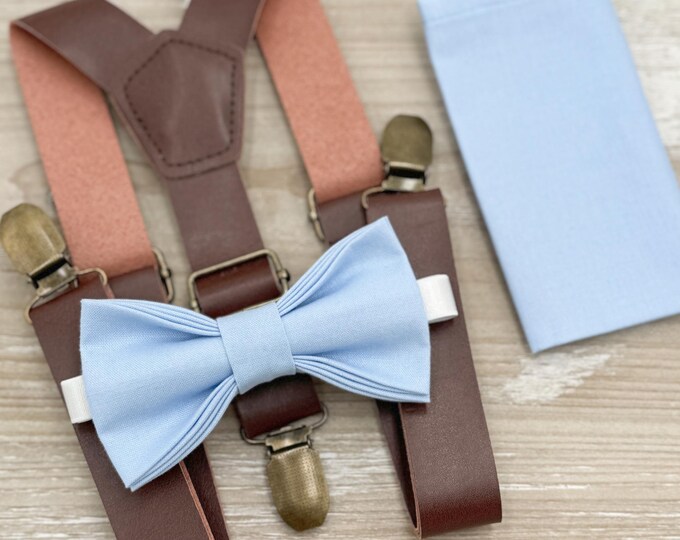 Ice Blue Bow tie & Suspenders | Leather Braces | Pocket Square | Ring Bearer Outfit | Boho Rustic Wedding Set