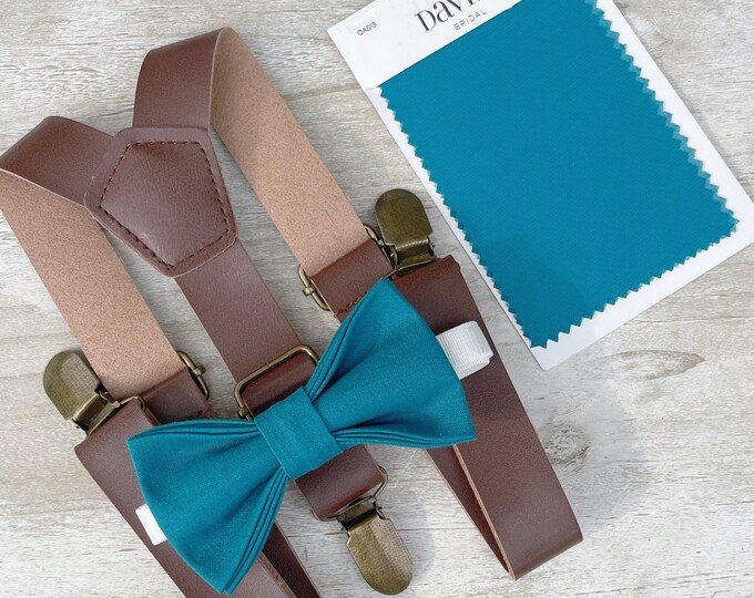 Oasis Blue Bow Tie & Rustic Leather Suspenders , Men's bow tie  , Boy's Ring Bearer gift , Groomsmen Gift , Wedding Groom outfit