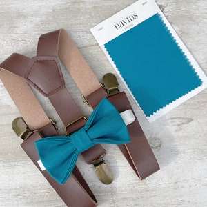 Oasis Blue Bow Tie & Rustic Leather Suspenders , Men&#39;s bow tie  , Boy&#39;s Ring Bearer gift , Groomsmen Gift , Wedding Groom outfit