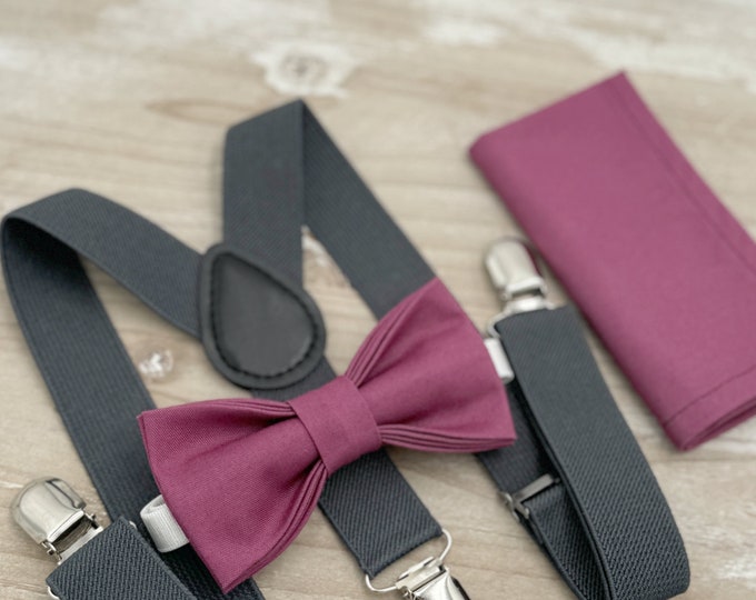 Chianti Bow tie & Suspenders | Charcoal Dark Gray Braces | Mulberry Bow | Pocket Square | Ring Bearer Outfit | Boho Wedding | Groomsman Gift