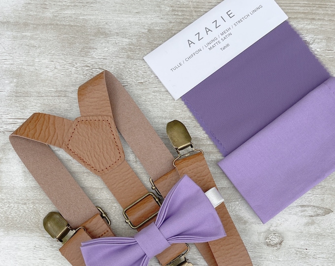 Tahiti Purple Bow Tie & Light brown Leather Suspenders , Men's pocket square , Boy's Ring Bearer gift , Groomsmen Gift , Wedding outfit