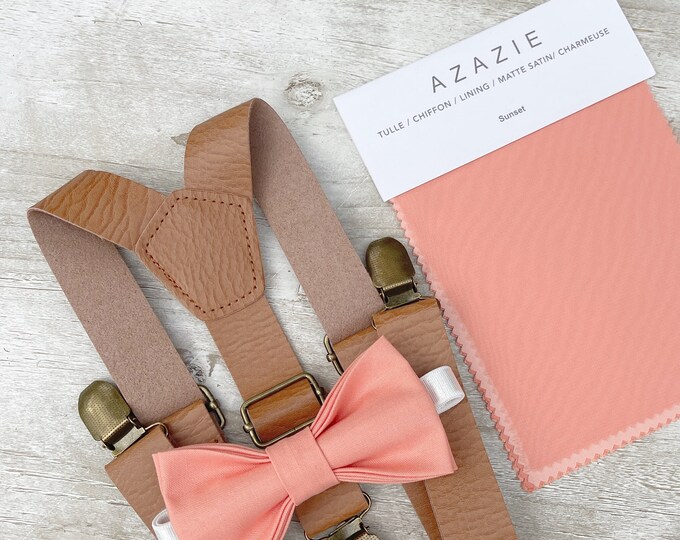 Sunset Coral Bow Tie & Leather Suspenders , light brown braces , Men's Pocket Square , Boy's Ring Bearer gift , Groomsmen Wedding outfit