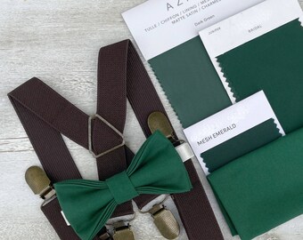 Juniper Dark Green Bow Tie & Coffee Brown Suspenders , Men's pocket square , Boy's Ring Bearer gift , Groomsmen Wedding outfit