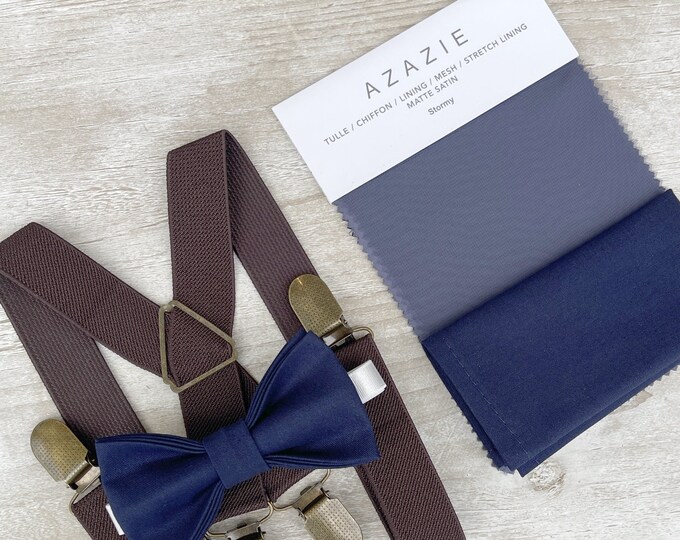 Stormy Blue Bow Tie & Coffee Brown Suspenders , x - back braces , Men's pocket square , Boy's Ring Bearer Groomsmen Wedding set