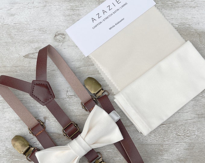 White Alabaster Ecru Bow Tie & Skinny Leather Suspenders , Brown Braces , Men's pocket square , Boy's Ring Bearer gift , Groomsmen outfit