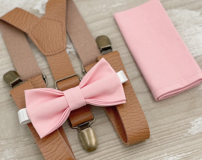 Ballet Bow tie & Suspenders | Leather Light Brown Braces | Rosette Dusty Rose Bow | Pocket Square | Ring Bearer Outfit | Boho Rustic Wedding