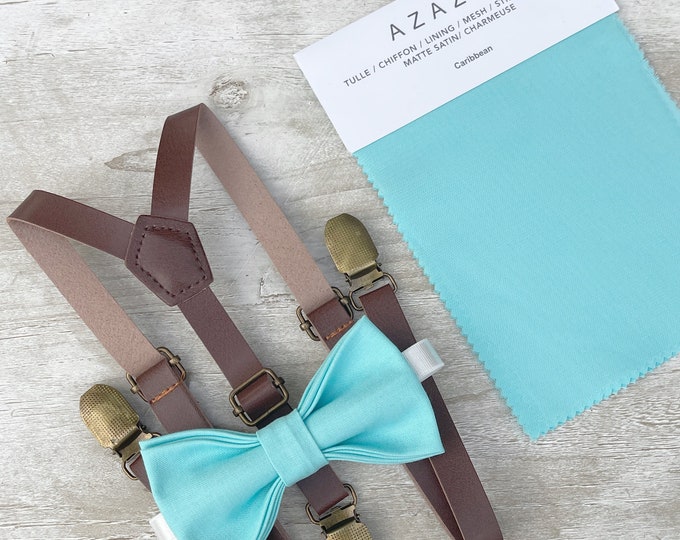 Caribbean Blue Bow Tie & Skinny Leather Suspenders , Brown braces , Men's pocket square ,  Boy's Ring Bearer gift , Groomsmen Wedding outfit