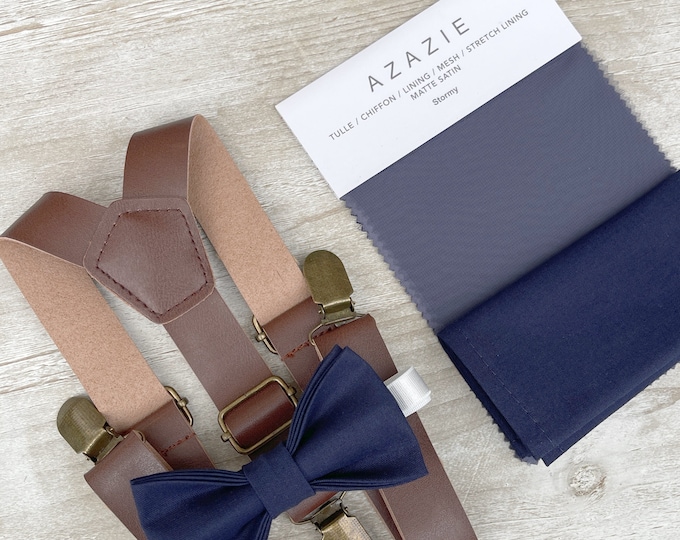 Stormy Blue Bow Tie & Leather Suspenders , Brown Braces , Men's pocket square , Boy's Ring Bearer gift , Groomsmen Wedding outfit