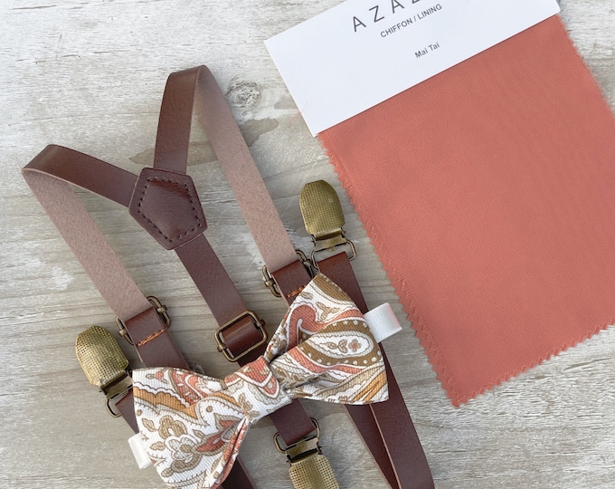 Paisley Mai Tai Bow Tie & Leather Skinny Suspenders , Men's Brown braces , Boy's Ring Bearer gift , Groomsmen Wedding outfit