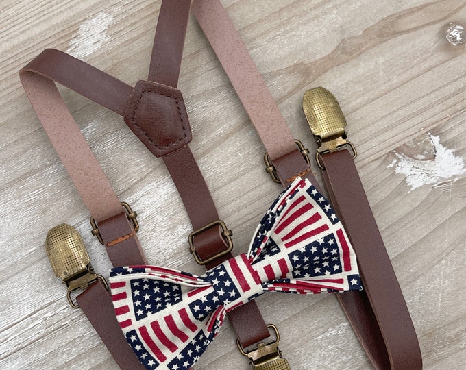 USA Flag Bow Tie & Suspenders | Patriotic Bow | July 4th Outfit | Skinny Suspenders | Vegan Leather | Ring Bearer outfit | Rustic Wedding
