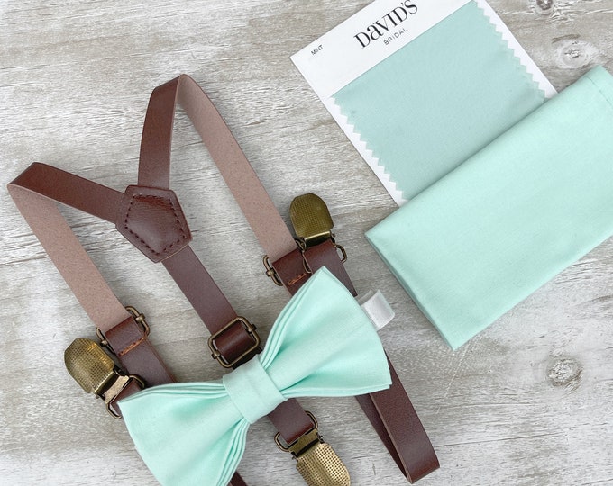 Mint Bow Tie & Skinny Brown Vegan Leather Suspenders , pocket square , Kid's Baby Boy ring bearer Men's Groom Best Man Wedding set