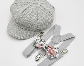 Newsboy Cap, Gatsby Flat Cap, Suspenders & Floral Bow Tie - Baby to Adult Sizes, Ring Bearer Outfit, Page Boy Wedding Set