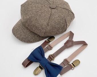 Newsboy Cap Outfit, Baby to Adult - Ring Bearer & Groomsman Wedding Set, Navy Blue Bow Tie and Skinny Leather Suspenders, Gatsby Flat Cap