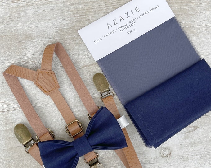 Stormy Blue Bow Tie & Light brown Skinny Leather Suspenders , Men's pocket square , Boy's Ring Bearer gift , Groomsmen Wedding outfit