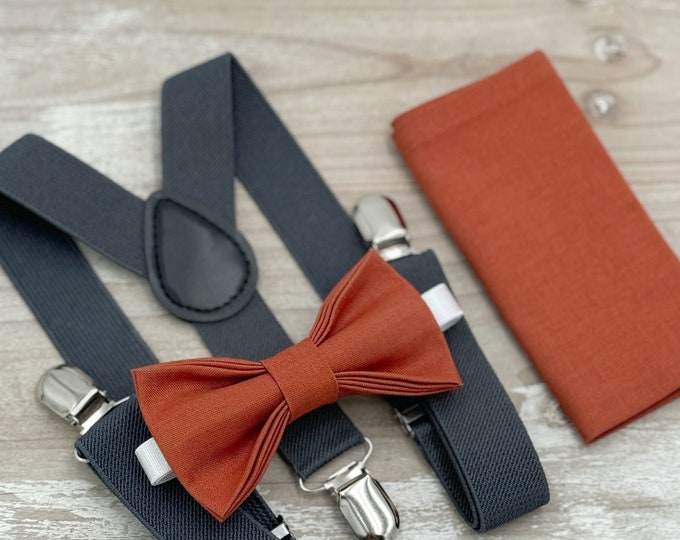 Paprika Bow tie & Suspenders | Charcoal Braces | Terracotta Bow | Pocket Square | Ring Bearer Outfit | Boho Rustic Wedding | Groomsman Gift