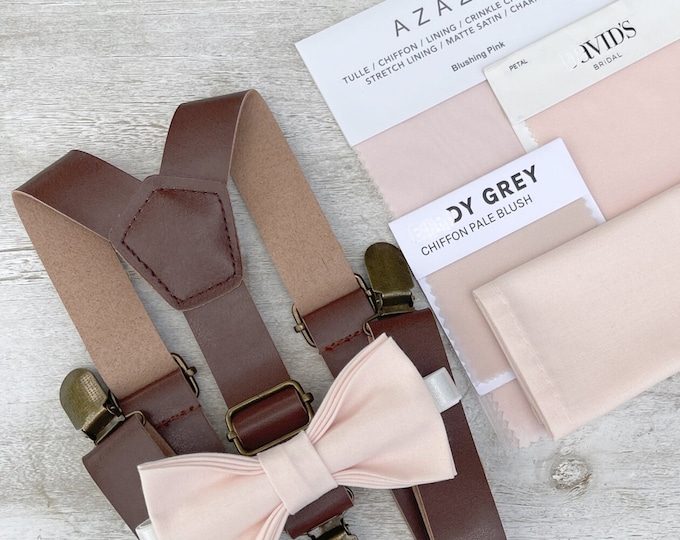Blushing Pink Bow Tie & Leather Brown Suspenders , Men's pocket square , Boy's Ring Bearer gift , Groomsmen Wedding outfit