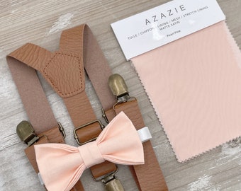 Pearl Pink Bow Tie & Light Brown Leather Suspenders  , Men's pocket square , Boys Ring Bearer gift , Groomsmen Wedding outfit