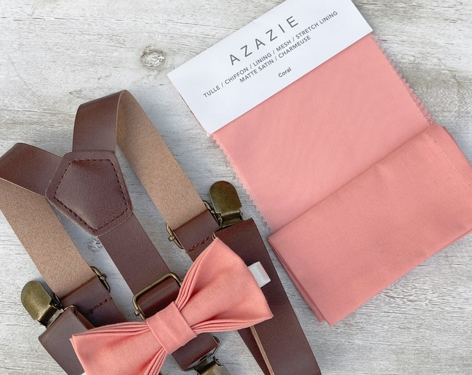 Coral Salmon Bow Tie &  Leather Suspenders , Brown braces , Men's pocket square  , Boy's Ring Bearer gift , Groomsmen Wedding outfit