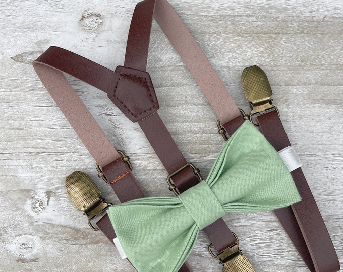 Sage Bow Tie & Skinny Leather brown Suspenders , Men's pocket square , Boy's Ring Bearer gift , Groomsmen Wedding outfit