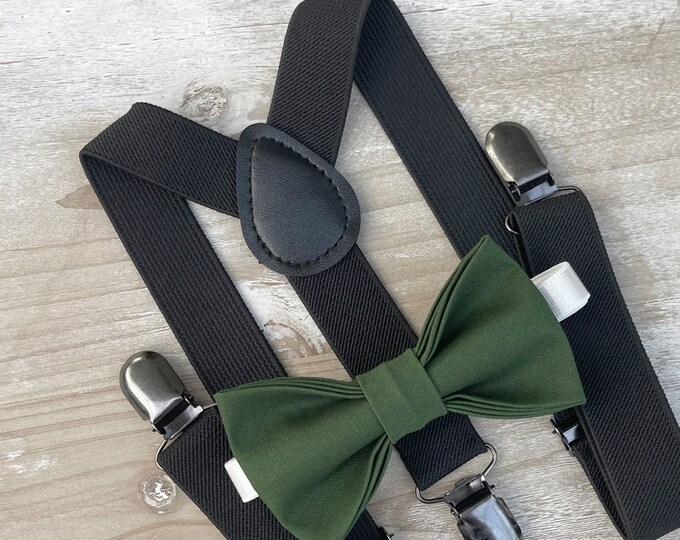 Forest Green Bow Tie & Black Suspenders , Men's Dark green bow tie , Boy's Ring Bearer gift , Groomsmen Gift , Wedding Groom outfit