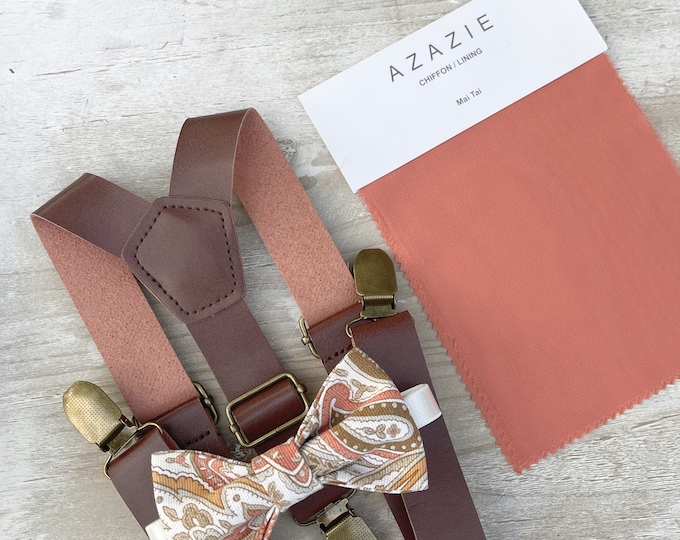 Paisley Mai Tai Bow Tie & Leather Suspenders , Men's brown braces , Boy's Ring Bearer gift , Groomsmen Wedding outfit