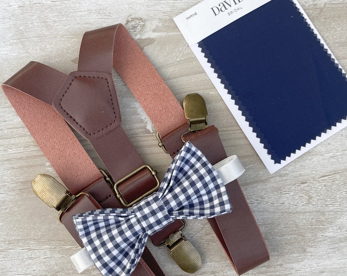 Navy Blue Plaid Bow Tie & Rustic Leather Suspenders , Men's gingham bow tie , Boy's Ring Bearer gift , Groomsmen Gift , Wedding Groom outfit